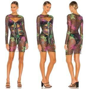 Kim Shui multi front tie mesh long sleeve cut-out dress in black size S small